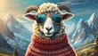 Cool cool sheep or ram in sunglasses and a knitted sweater.