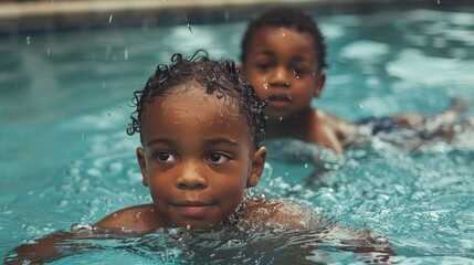 young black children learning to swim in a swimming pool  