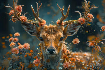 Wall Mural - An animal with antlers adorned with blooming flowers, blending seamlessly into its forest habitat. Concept of natural camouflage. Generative Ai.