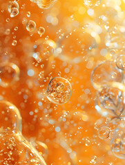 Wall Mural - Closeup of bubbles in orange liquid, amber fluidinfused with peach ingredient
