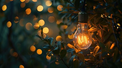 Wall Mural - Illuminated light bulb among green leaves with bokeh lights background