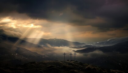 The Christianity themed on a background with dramatic at dawn, the spirit of preaching the Gospel throughout the world. A beautiful sea of ​​clouds, dark clouds and sky and sunbeams