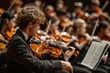 A focused violinist playing amidst the orchestra with music score in the foreground Elegance and concentration in a classical music setting