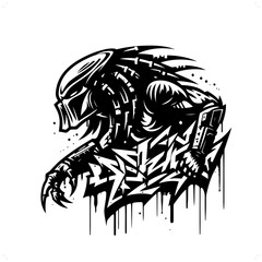 Wall Mural - alien predator silhouette, horror character in graffiti tag, hip hop, street art typography illustration.