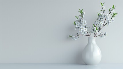 Wall Mural - White vase with flowering branches on table against plain background