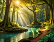 A mystical forest bathed in golden sunlight, with ancient trees, sparkling streams, and magical creatures hidden among the foliage. Rendered with ethereal colors and soft lighting, inviting viewers to