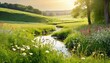 A serene summer meadow bathed in golden sunlight, wildflowers swaying gently in the breeze, a small stream winding through the grass, birds chirping in the distance, evoking a sense of peace and tranq