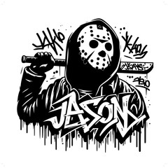 Wall Mural - hockey mask; jason silhouette, horror character in graffiti tag, hip hop, street art typography illustration.