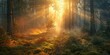 Glowing morning light filters through dense forest, illuminating moss-covered forest floor and floating dust particles, capturing magical, tranquil woodland atmosphere.