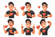 Set of positive and approving gestures. Happy man shows a gesture of gratitude, okay, cool, heart and victory. 3D avatars set vector icon, white background, black colour icon