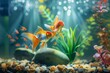 Tranquil goldfish exploring tank enriched with nature