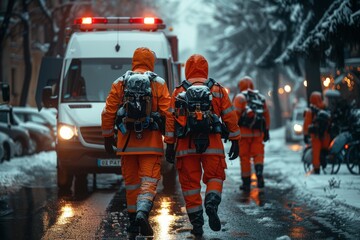 An emergency response team faces harsh winter conditions, reflecting the relentless dedication to saving lives