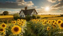 A Quaint Countryside Cottage Nestled Among Fields Of Sunflowers, Their Golden Petals Turning Towards The Radiant Sun Above.