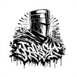 crusader silhouette, people in graffiti tag, hip hop, street art typography illustration.