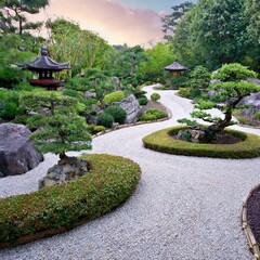 Wall Mural - A tranquil Zen garden, meticulously groomed gravel paths winding around ornate rock formations and bonsai trees.