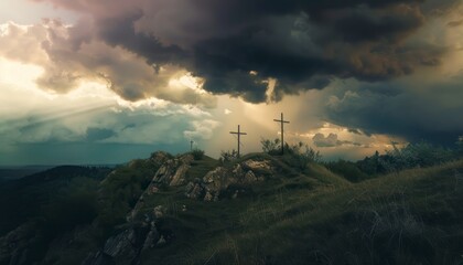 The Christianity themed on a background with dramatic at dawn, the spirit of preaching the Gospel throughout the world. A beautiful sea of ​​clouds, dark clouds and sky and sunbeams