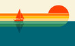 A sailboat and two passengers are seen in front of a colorful graphic sunset design in an illustration about vacation and travel and boating.