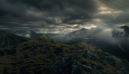 The Christian themed on a background with dramatic at dawn, with a beautiful sea of ​​clouds, dark clouds and sky and sunbeams