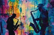 A jazz saxophonists silhouette against a backdrop of splattered ink notes, nocturnal jazz club vibes, abstract expressionism