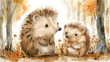 A cute watercolor cartoon of a little hedgehog with its mom, capturing the warmth and coziness of family love and nature.