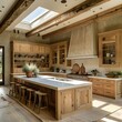 © AI Digital Artist - Luxury kitchen interior with large windows overlooking beautiful trees, clean white wallpaper, large table and chairs, and cooking utensils