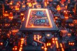 A close-up shot of an orange electroluminescent electronic board containing a large electronic chipset.