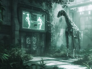 A skeleton giraffe stands in front of a television screen that shows two people. The scene is set in a dark, eerie environment with a sense of foreboding