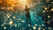 A person is submerged underwater, illuminated by a warm light that appears to be sunlight filtering through the water. The person is oriented vertically and seems to be floating or swimming, with arms