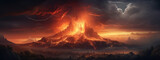 Fototapeta  - Epic Volcanic Eruption Landscape with Lightning Strike