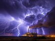 A stormy sky with a large industrial plant in the background. The sky is filled with lightning and the plant is emitting smoke. Scene is tense and ominous