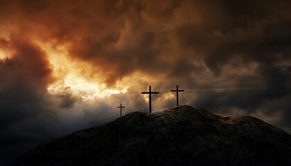 The Christian themed on a background with dramatic at dawn, with a beautiful sea of ​​clouds, dark clouds and sky and sunbeams