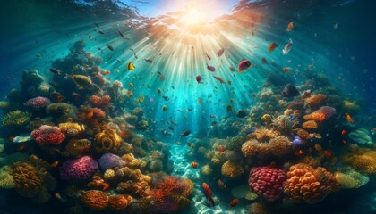 Wall Mural - Sunlight Illuminating a Vibrant Coral Reef
