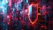 Digital safety through captivating artistic depictions It features a digital shield symbol set against an abstract cyber-themed backdrop. It is a sign of a strong cyber security solution.
