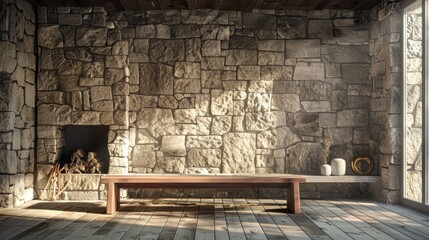 Wall Mural - Warm sunlight bathes a serene stone walled room