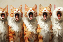 Several Different Miniature Yawning Cat Sprites. A Painted Icon Of Cats. Comic Book With A Red Cat.