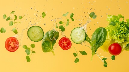Wall Mural - solated salad ingredients, lettuce tomato spinach cucumber and green sprouts on yellow background, vegetable in the air with water