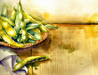 Watercolor of fresh and raw green broad beans on wooden table