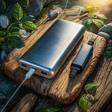Top View, A Portable Power Bank With A Sleek Aluminum Casing And Multiple USB Ports, Providing Fast Charging For Smartphones, Tablets, And Other Electronic Devices On The Go.