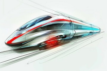 Wall Mural - High-speed bullet train in Neo-Futuristic style, with silver and red dynamic forms