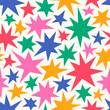 Vivid playful seamless pattern of hand drawn various colorful funny stars and sparks shapes. Cute cartoon childish texture, wrapping paper, textile design.