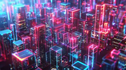 Wall Mural - Neon polyhedrons cityscape, glitch datamoshed, chemiluminescent glow