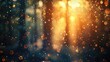 Blurry and filtered image capturing light burst amidst trees with glitter bokeh lights