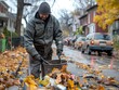 A man is picking up leaves on the street. The leaves are scattered all over the road. The man is wearing a green jacket and a hat. The scene is a bit messy and disorganized
