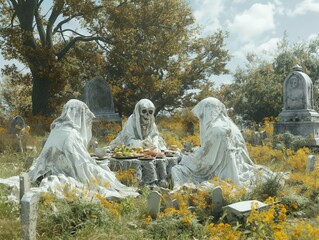 Canvas Print - Three statues of women are sitting at a table with food in front of them. The table is surrounded by flowers and there are several graves in the background. Scene is eerie and mysterious