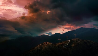 Wall Mural - View of the Cross on the hill at dawn, with a beautiful sea of ​​clouds