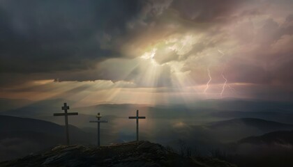 Wall Mural - View of the Cross on the hill at sunlight, with a beautiful sea of ​​clouds