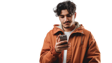 portrait of a young man using mobile phone isolated on transparent background, boy cut out 