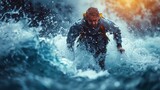 Fototapeta  - Intense Man Fighting Through Heavy River Current
