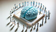 人間の脳の模型を見ながら研究する科学者