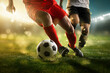 © Dmitry Rukhlenko - Soccer players dribbling struggling and kicking a ball on a field